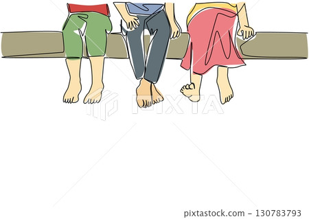 Single continuous line drawing 3 children sitting with their legs hanging. Relaxing and breathing fresh air in the park after school. No homework. No Socks Day. One line design vector illustration 130783793