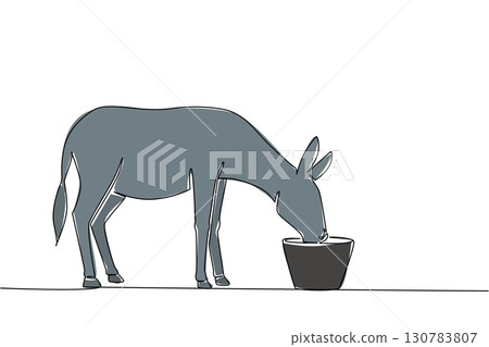Single one line drawing donkey drinking from a drinking bowl. Special container for donkeys to drink. Convenience for pets. Drink a lot. World Donkey Day. Continuous line design graphic illustration Single one line drawing donkey drinking from a drinking bowl. Special container for donkeys to drink. Convenience for pets. Drink a lot. World Donkey Day. Continuous line design graphic illustration 130783807
