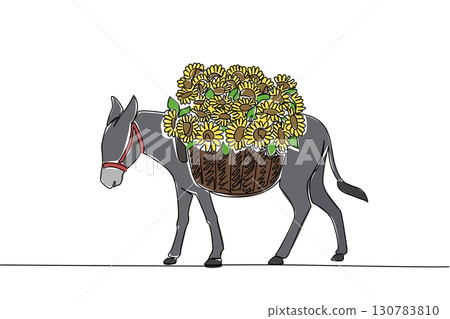 Single continuous line drawing donkey carrying a basket full of sunflowers. Sunflower seed farmer. Makes it easier during harvest season. Plant. World Donkey Day. One line design vector illustration 130783810