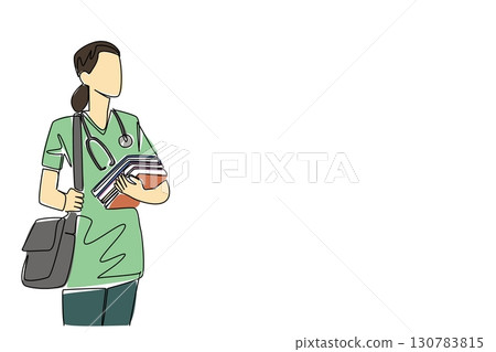 Single continuous line drawing female student nurse wearing nurse uniform and wearing stethoscope carrying several books. Internship. National Student Nurse Day. One line design vector illustration 130783815