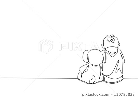 Single one line drawing boy sitting bowed on the floor accompanied by elephant doll. Loneliness is sadness. Alone. Childhood Depression Awareness Day. Continuous line design graphic illustration Single one line drawing boy sitting bowed on the floor accompanied by elephant doll. Loneliness is sadness. Alone. Childhood Depression Awareness Day. Continuous line design graphic illustration 130783822
