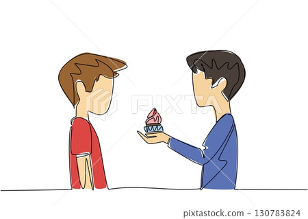 Single one line drawing a boy gives a cherry topping cupcake to another boy. Birthday cake for best friend. Bestie. National Give Someone a Cupcake Day. Continuous line design graphic illustration 130783824