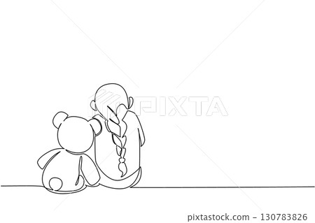 Continuous one line drawing girl sitting bowed on the floor accompanied by teddy bear. Sadness makes the uncomfortable. Childhood Depression Awareness Day. Single line draw design vector illustration 130783826