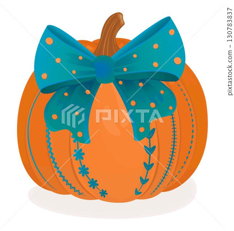 Festive round pumpkin with turquoise bow decorated with polka dot pattern, colorful fall vector clipart 130783837