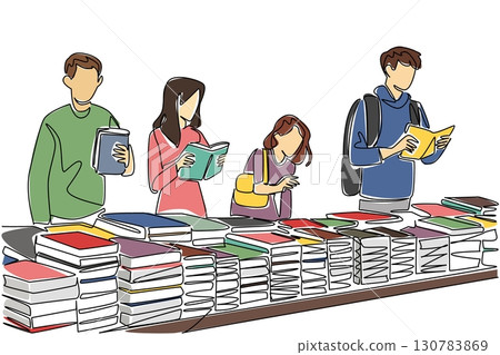 Single one line drawing a group of men and women standing choosing books among various piles of books. Cheap book market. Sell. National Small Business Day. Continuous line design graphic illustration Single one line drawing a group of men and women standing choosing books among various piles of books. Cheap book market. Sell. National Small Business Day. Continuous line design graphic illustration 130783869
