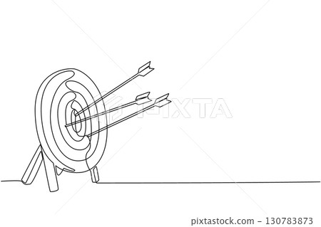 Single continuous line drawing 3 arrows hit the target pad. Achievements that are not yet optimal. Lack of practice. Lack of focus. Lack of accuracy. Archery Day. One line design vector illustration 130783873