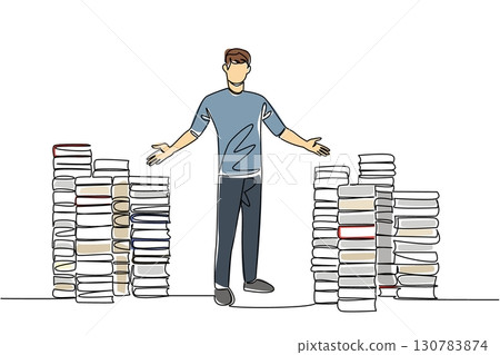 Continuous one line drawing a number of stacks of books and a man standing with a welcome gesture. Offering discounted books. National Small Business Day. Single line draw design vector illustration 130783874
