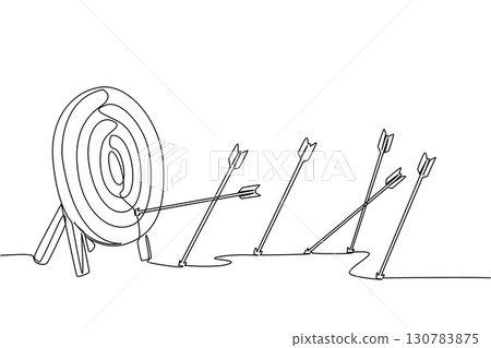 Continuous one line drawing more arrows stuck in the ground than the target pad. Lots of practice to perfect. Lack of accuracy. Not on target. Archery Day. Single line draw design vector illustration Continuous one line drawing more arrows stuck in the ground than the target pad. Lots of practice to perfect. Lack of accuracy. Not on target. Archery Day. Single line draw design vector illustration 130783875