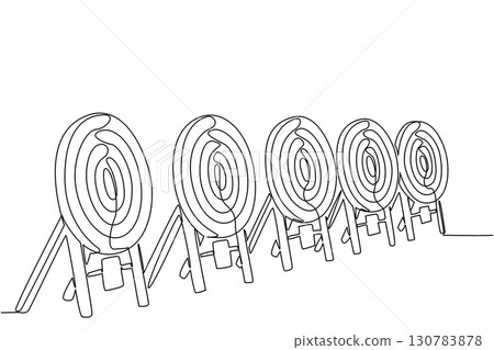 Single one line drawing 5 dart target boards lined up. Archery target pads are prepared for the competition. Looking for talent. Tournament. Archery Day. Continuous line design graphic illustration 130783878