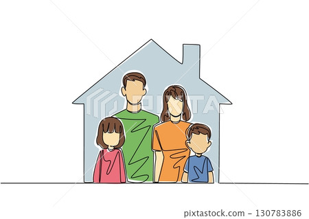 Single one line drawing father, mother, son, daughter in the house. Best care for children is from both parents. The best love. National Foster Care Day. Continuous line design graphic illustration Single one line drawing father, mother, son, daughter in the house. Best care for children is from both parents. The best love. National Foster Care Day. Continuous line design graphic illustration 130783886