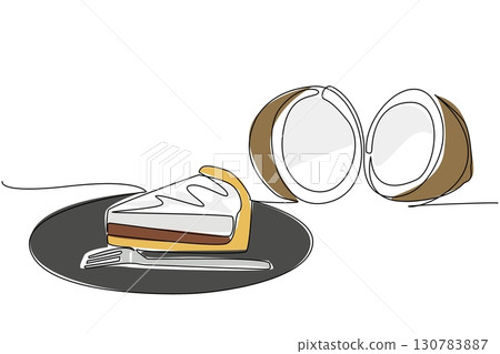Single one line drawing coconut cream pie slices round black plate with fork. A sweet restaurant style dessert. Delicious. National Coconut Cream Pie Day. Continuous line design graphic illustration 130783887