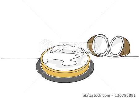 Continuous one line drawing coconut cream pie with black round plate. A complete dessert. Sweet and savory flavors. Cake. National Coconut Cream Pie Day. Single line draw design vector illustration 130783891