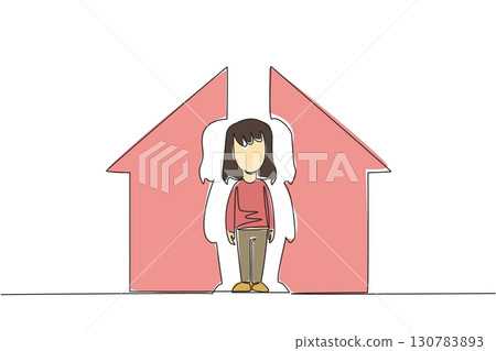 Continuous one line drawing a girl looking down and a house shaped puzzle. Lack of warmth at home. Missing parental affection. National Foster Care Day. Single line draw design vector illustration 130783893