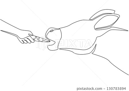 Continuous one line drawing hand holding carrot is feeding the donkey. Eat with gusto. Extra food for hard work. Very easy to be friendly. World Donkey Day. Single line draw design vector illustration 130783894