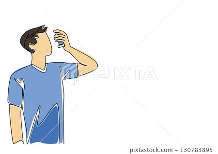 Continuous one line drawing man inhales asthma inhaler. Inability to manage stress well is a trigger. Healthy living without much thought. World Asthma Day. Single line draw design vector illustration 130783895