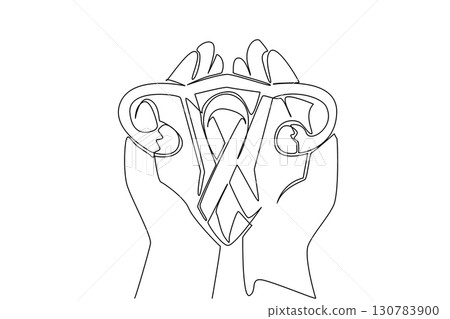Single one line drawing open palm with uterus and campaign ribbon. Community concerned about internal organs of women. Charity. World Ovarian Cancer Day. Continuous line design graphic illustration Single one line drawing open palm with uterus and campaign ribbon. Community concerned about internal organs of women. Charity. World Ovarian Cancer Day. Continuous line design graphic illustration 130783900