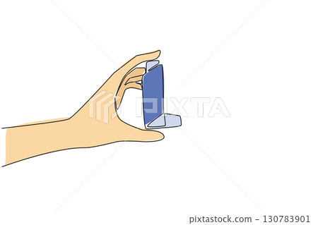 Continuous one line drawing hand holding asthma inhaler. First aid aids help prevent asthma in small sizes. Helps provide fresh air. World Asthma Day. Single line draw design vector illustration Continuous one line drawing hand holding asthma inhaler. First aid aids help prevent asthma in small sizes. Helps provide fresh air. World Asthma Day. Single line draw design vector illustration 130783901