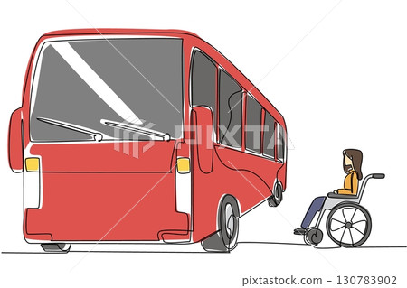Continuous one line drawing woman sits in a wheelchair next to the bus and looks at the bus. Difficulties in modern times. National Barrier Awareness Day. Single line draw design vector illustration 130783902
