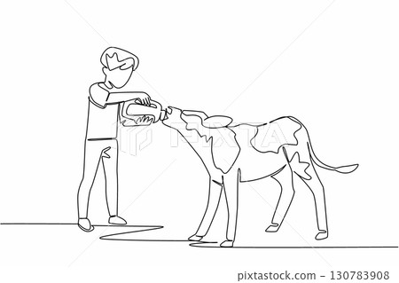 Single one line drawing boy holding a large milk bottle and giving it to a calf. Learn to be a good farmer. Be patient and diligent. National Open Farm Day. Continuous line design graphic illustration Single one line drawing boy holding a large milk bottle and giving it to a calf. Learn to be a good farmer. Be patient and diligent. National Open Farm Day. Continuous line design graphic illustration 130783908