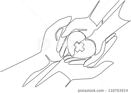 Continuous one line drawing palm and heart with a plus sign in the middle. Taught social sensitivity from an early age. Helping others. World Red Cross Day. Single line draw design vector illustration 130783914