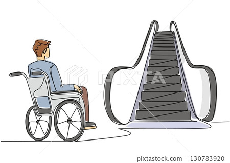 Single continuous line drawing a man sitting in a wheelchair and looking up at the escalator. Facing significant difficulties. National Barrier Awareness Day. One line design vector illustration Single continuous line drawing a man sitting in a wheelchair and looking up at the escalator. Facing significant difficulties. National Barrier Awareness Day. One line design vector illustration 130783920