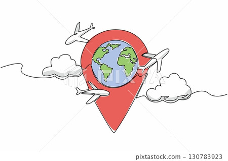 Single continuous line drawing pin location in the middle is a globe with several airplanes and clouds around it. Technology helps travelers. National Tourism Day. One line design vector illustration 130783923