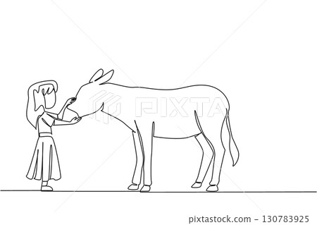 Continuous one line drawing the girl stands in front of the donkey and strokes its head. Learn independence by caring for animals. Care. World Donkey Day. Single line draw design vector illustration 130783925