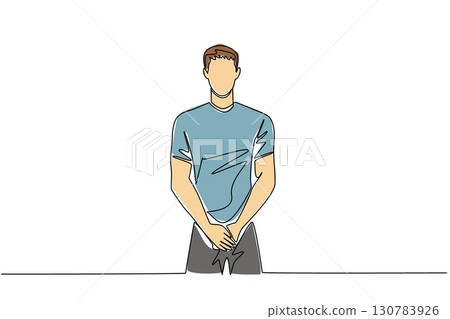 Continuous one line drawing man holds his vital parts with both hands. Having big addiction to cigarettes. Destructive habits. Bladder Cancer Awareness Day. Single line draw design vector illustration 130783926