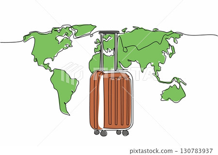 Single continuous line drawing suitcase with raised handle with world map background. Holiday season is the season for traveling. Abroad. National Tourism Day. One line design vector illustration Single continuous line drawing suitcase with raised handle with world map background. Holiday season is the season for traveling. Abroad. National Tourism Day. One line design vector illustration 130783937