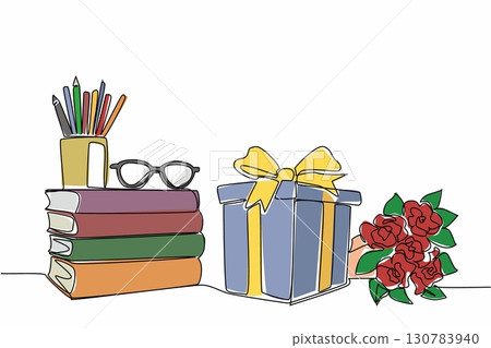 Continuous one line drawing corner of table with stack of books and gift box plus bouquet of flowers. Surprise gifts from students. National Day of Teacher. Single line draw design vector illustration Continuous one line drawing corner of table with stack of books and gift box plus bouquet of flowers. Surprise gifts from students. National Day of Teacher. Single line draw design vector illustration 130783940