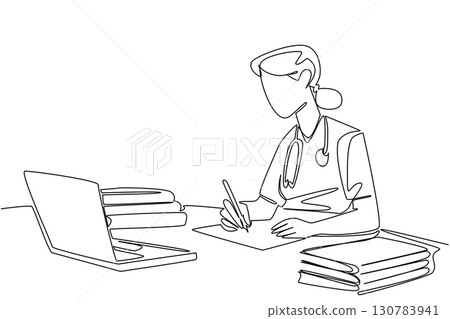 Continuous one line drawing female student nurse wearing stethoscope writing at desk. Final theory test online. Give the best. National Student Nurse Day. Single line draw design vector illustration Continuous one line drawing female student nurse wearing stethoscope writing at desk. Final theory test online. Give the best. National Student Nurse Day. Single line draw design vector illustration 130783941