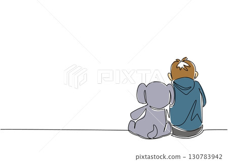 Single one line drawing boy sitting bowed on the floor accompanied by elephant doll. Loneliness is sadness. Alone. Childhood Depression Awareness Day. Continuous line design graphic illustration 130783942