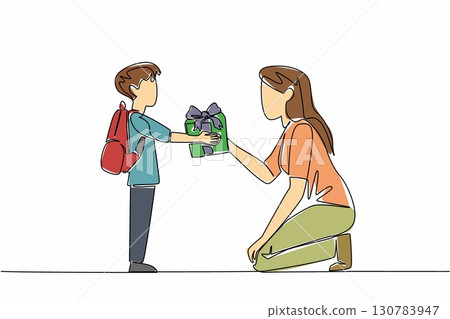 Continuous one line drawing male student gives a gift box to female teacher. Teachers are unsung heroes. Expressions of gratitude. National Day of Teacher. Single line draw design vector illustration Continuous one line drawing male student gives a gift box to female teacher. Teachers are unsung heroes. Expressions of gratitude. National Day of Teacher. Single line draw design vector illustration 130783947