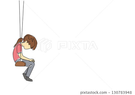 Single continuous line drawing girl sitting hunched over on a swing. Victim of bullying. No place to tell stories. Loneliness. Childhood Depression Awareness Day. One line design vector illustration Single continuous line drawing girl sitting hunched over on a swing. Victim of bullying. No place to tell stories. Loneliness. Childhood Depression Awareness Day. One line design vector illustration 130783948