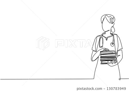 Single one line drawing female student nurse carrying bag and carrying a pile of books. Theory books to apply during internship. National Student Nurse Day. Continuous line design graphic illustration Single one line drawing female student nurse carrying bag and carrying a pile of books. Theory books to apply during internship. National Student Nurse Day. Continuous line design graphic illustration 130783949