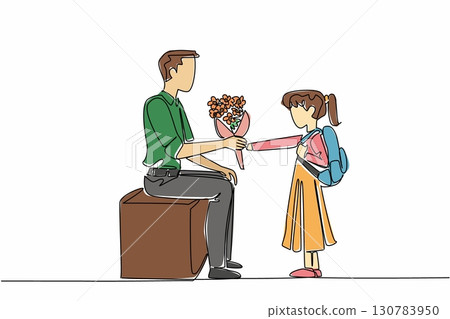 Single continuous line drawing female student gives bouquet of flowers to the teacher sitting on bench. A sincere expression of gratitude. National Day of Teacher. One line design vector illustration Single continuous line drawing female student gives bouquet of flowers to the teacher sitting on bench. A sincere expression of gratitude. National Day of Teacher. One line design vector illustration 130783950
