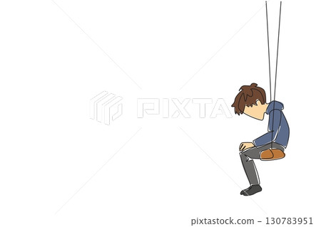 Continuous one line drawing boy sitting hunched over on a swing. His abilities make him friendless. Very lonely. Alone. Childhood Depression Awareness Day. Single line draw design vector illustration Continuous one line drawing boy sitting hunched over on a swing. His abilities make him friendless. Very lonely. Alone. Childhood Depression Awareness Day. Single line draw design vector illustration 130783951