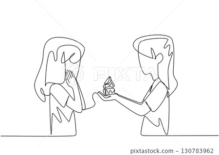 Single continuous line drawing the little girl gives strawberry topped cupcake to another girl. Cultivating friendship. Happy. National Give Someone a Cupcake Day. One line design vector illustration Single continuous line drawing the little girl gives strawberry topped cupcake to another girl. Cultivating friendship. Happy. National Give Someone a Cupcake Day. One line design vector illustration 130783962