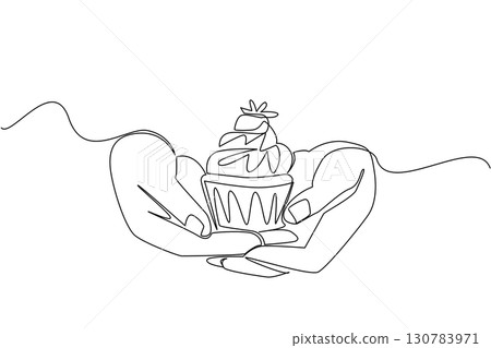 Single continuous line drawing hands holding cupcakes with strawberry topping. Presenting delicious sweet snacks. Culinary. National Give Someone a Cupcake Day. One line design vector illustration 130783971