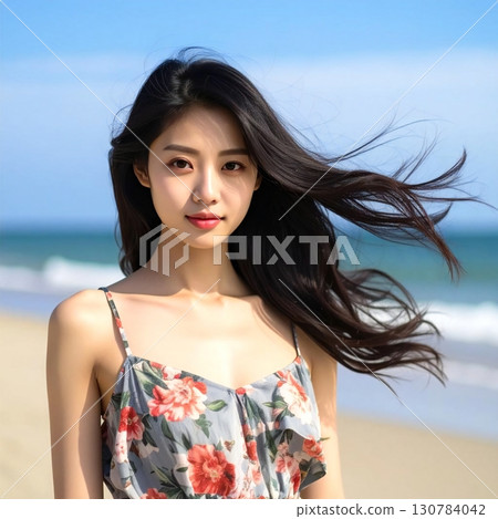 A woman with her hair blowing in the wind at the beach, expressing the freshness and natural beauty of summer 130784042