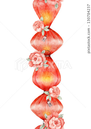 Watercolor seamless border pattern with red lanterns and oriental folding fans decorated with cherry blossoms. Ideal for textile, wrapping, invitations, banners, or festive designs 130784237