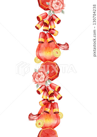 Watercolor seamless border pattern with red lanterns and oriental folding fans decorated with cherry blossoms. Ideal for textile, wrapping, invitations, banners, or festive designs 130784238