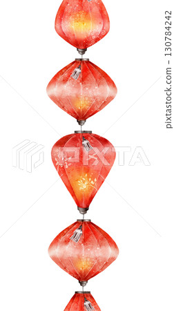 Watercolor seamless border pattern with red lanterns and oriental folding fans decorated with cherry blossoms. Ideal for textile, wrapping, invitations, banners, or festive designs Watercolor seamless border pattern with red lanterns and oriental folding fans decorated with cherry blossoms. Ideal for textile, wrapping, invitations, banners, or festive designs 130784242