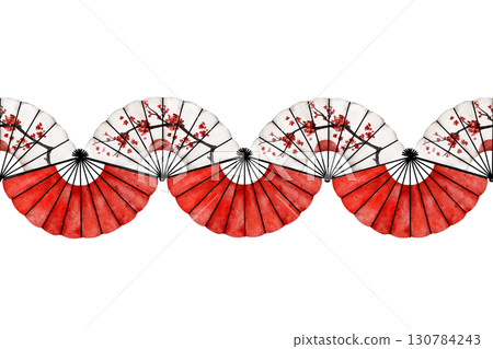 Watercolor seamless border pattern with red lanterns and oriental folding fans decorated with cherry blossoms. Ideal for textile, wrapping, invitations, banners, or festive designs Watercolor seamless border pattern with red lanterns and oriental folding fans decorated with cherry blossoms. Ideal for textile, wrapping, invitations, banners, or festive designs 130784243