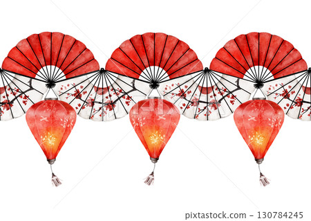 Watercolor seamless border pattern with red lanterns and oriental folding fans decorated with cherry blossoms. Ideal for textile, wrapping, invitations, banners, or festive designs 130784245