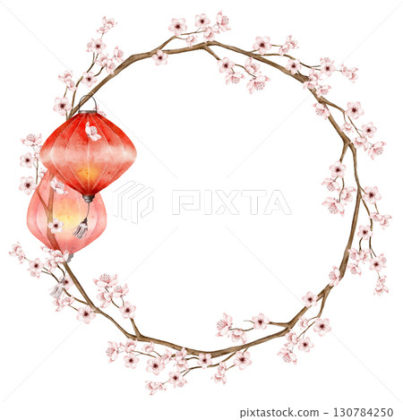 Watercolor round sakura wreath with delicate cherry blossoms and red lantern accent. Part of a large floral bouquet set. Perfect for wedding invitation, greeting card, packaging, or seasonal Asian ins Watercolor round sakura wreath with delicate cherry blossoms and red lantern accent. Part of a large floral bouquet set. Perfect for wedding invitation, greeting card, packaging, or seasonal Asian ins 130784250