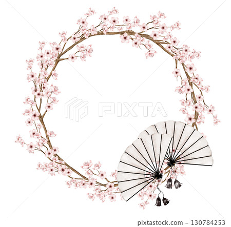 Watercolor sakura wreath with pink cherry blossoms and white traditional fan accent. Part of a Chinese decor set. Perfect for wedding invitation, greeting card, packaging, or Asian themed decor 130784253