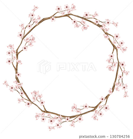 Watercolor sakura wreath with delicate cherry blossoms arranged in round frame. Part of a large floral bouquet set. Perfect for wedding invitation, greeting card, packaging, or seasonal spring decorat Watercolor sakura wreath with delicate cherry blossoms arranged in round frame. Part of a large floral bouquet set. Perfect for wedding invitation, greeting card, packaging, or seasonal spring decorat 130784256
