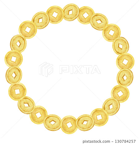 Watercolor wreath composed of traditional golden coins in circular form. Perfect for invitations, posters, postcards, packaging, or festive decoration projects 130784257