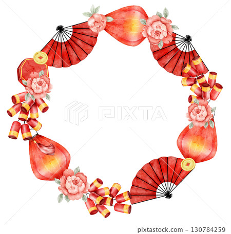 Watercolor round wreath with red lanterns, folding fans, peonies, and coins arranged in festive circle. Ideal for invitations, seasonal postcards, packaging, or cultural celebrations Watercolor round wreath with red lanterns, folding fans, peonies, and coins arranged in festive circle. Ideal for invitations, seasonal postcards, packaging, or cultural celebrations 130784259